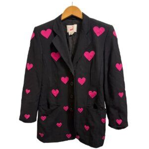MONDI Rare Vintage Blazer with Hot Pink Heart Appliqués Black Women's Size 34